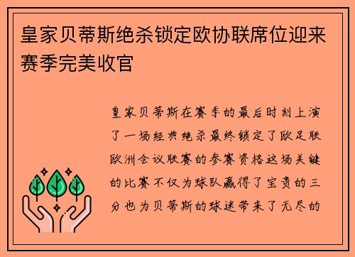 皇家贝蒂斯绝杀锁定欧协联席位迎来赛季完美收官
