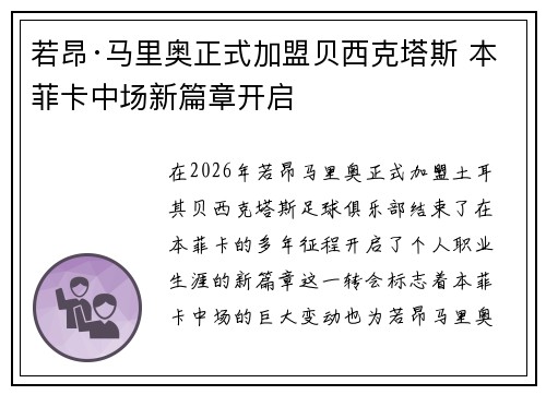 若昂·马里奥正式加盟贝西克塔斯 本菲卡中场新篇章开启